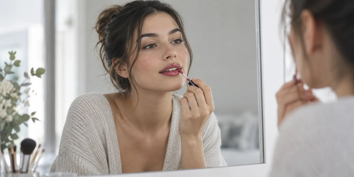 Woman applying a thin layer of berry lip oil while checking her teeth in a mirror