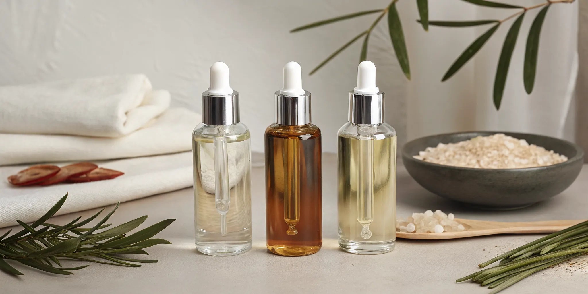 Three elegant glass bottles of nooni Snow Aqua cleansing oils arranged on a light pastel background with green tea leaves, ginseng, and rice