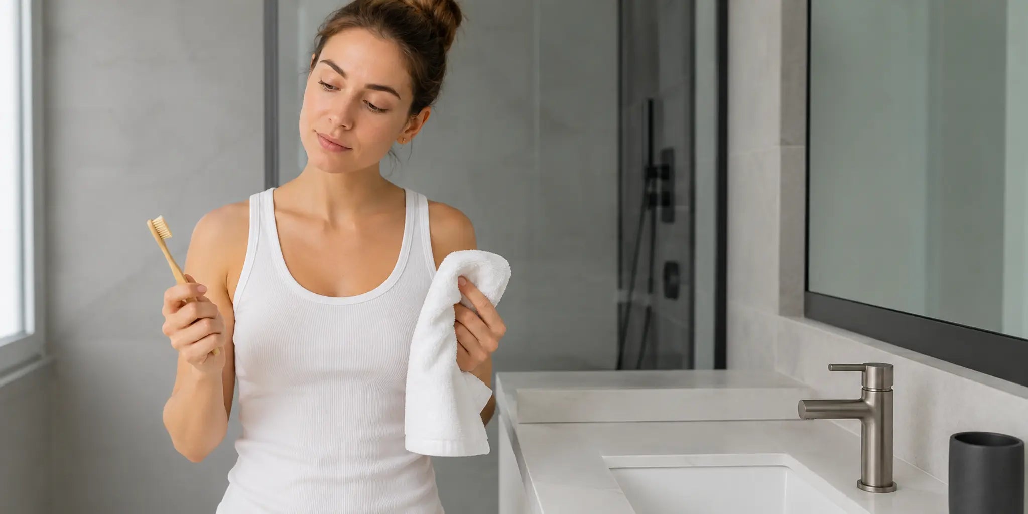 Woman deciding between brushing her teeth and washing her face