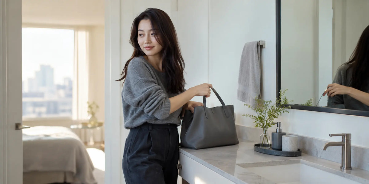 Woman arrives home from a city commute and pauses at a bright bathroom vanity