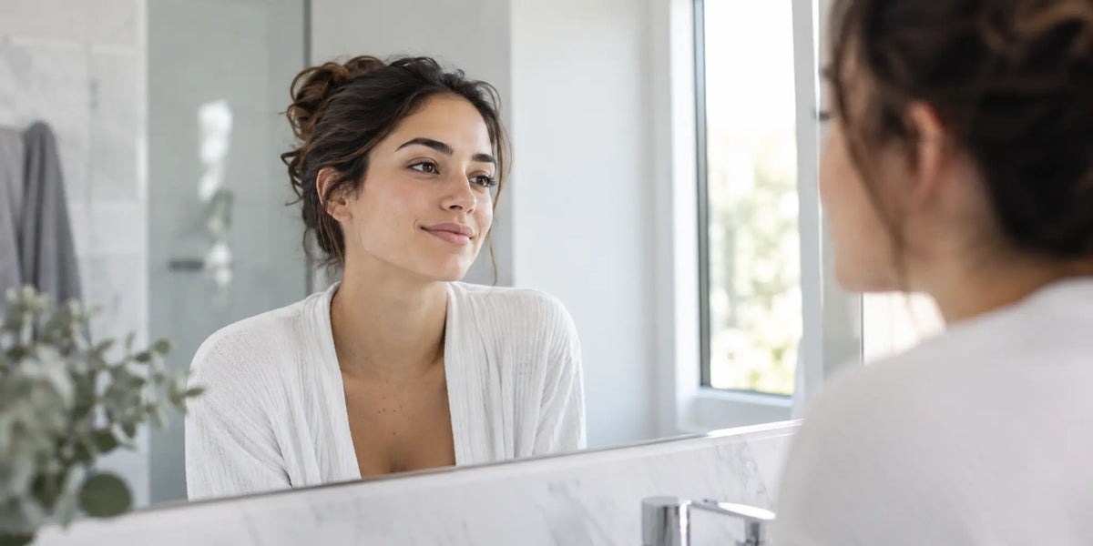 Woman checks her clean brows in a mirror before eyebrow threading