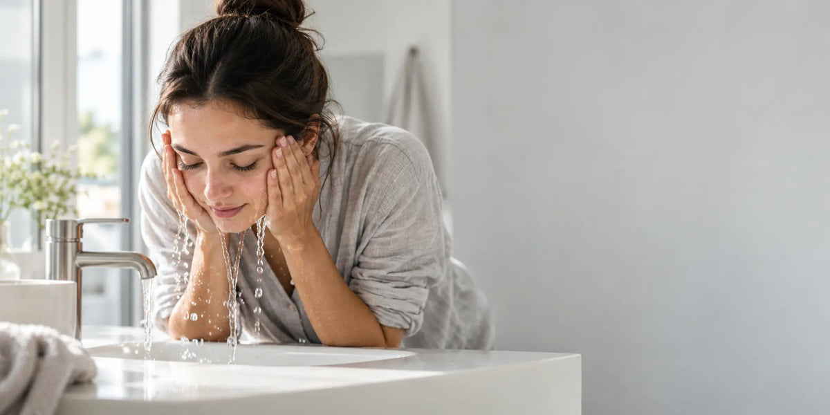 Woman leans over a sink while rinsing her face with sleeves rolled up