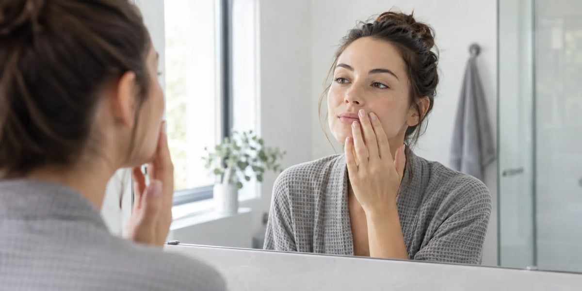 Woman checks her clean, dry facial skin before waxing