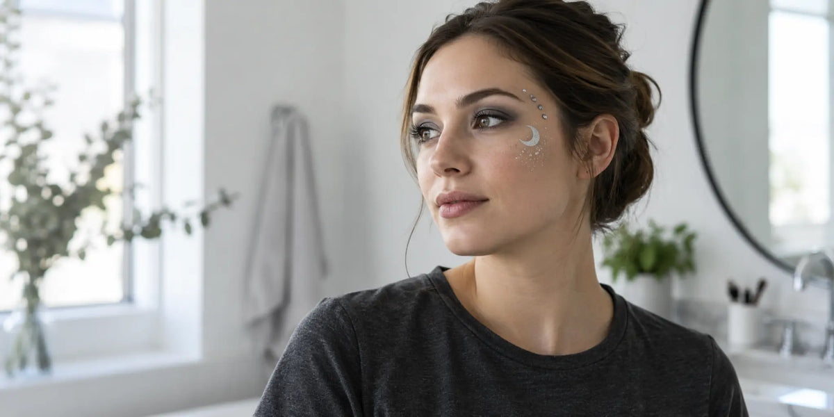 Woman wearing silver moon Halloween makeup before cleansing