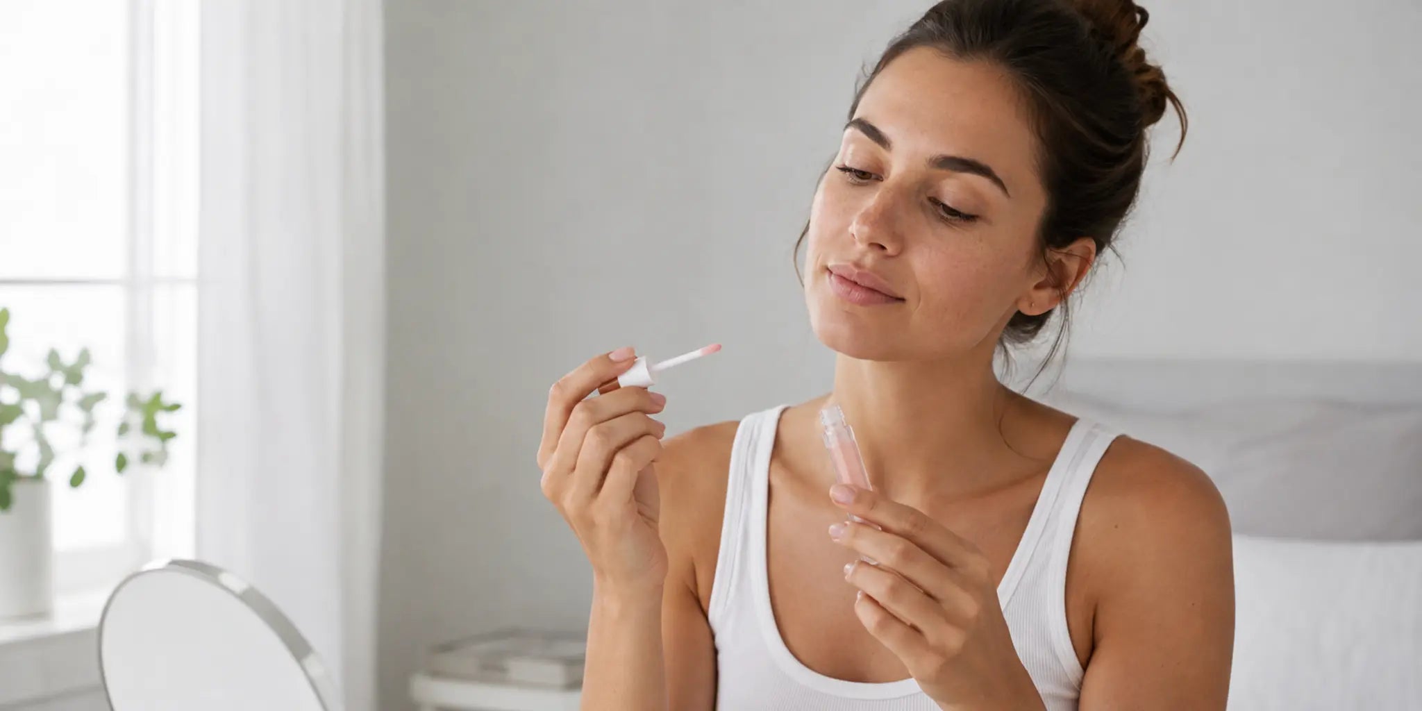 Woman inspecting a lip oil applicator at a clean vanity