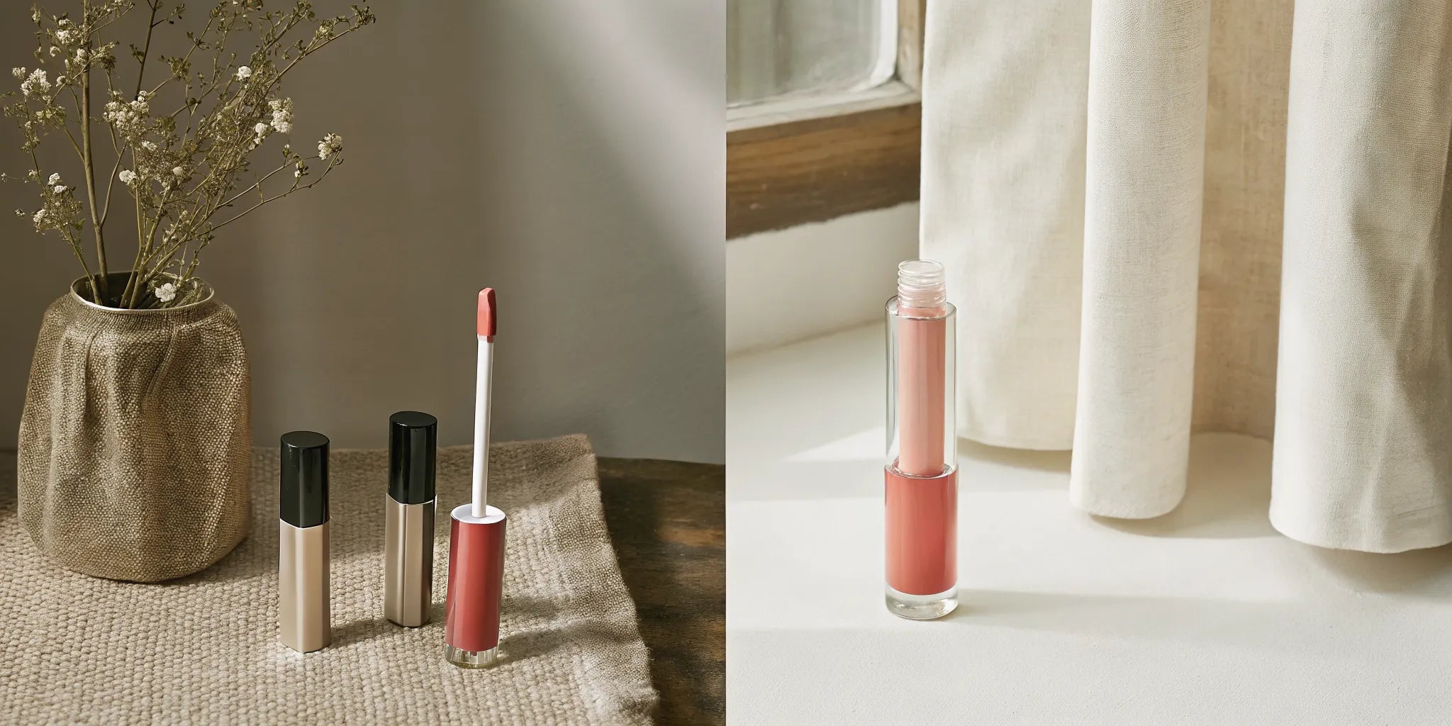 Lip oil and lip gloss applicators with glossy swatches