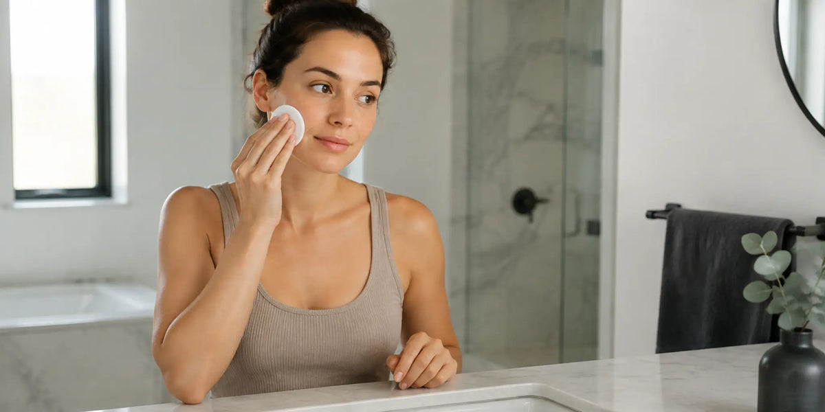 Woman using a cotton pad for a gentle micellar-water cleanse at a bathroom vanity