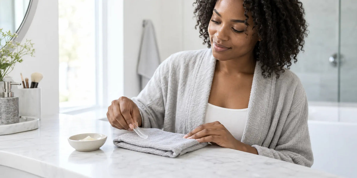 Woman placing a clean lip mask spatula on a folded gray cloth