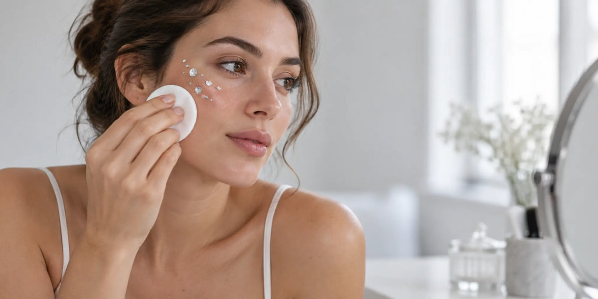 Woman holding a cotton pad near clear face gems on her cheek