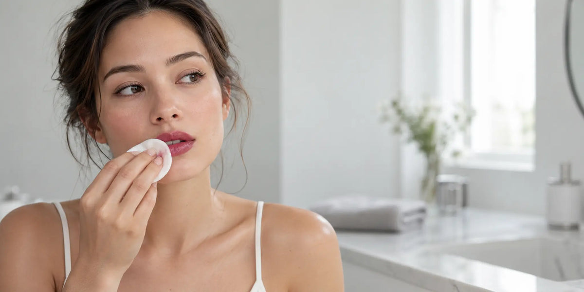 Woman gently removing frosted berry lipstick with a cotton pad