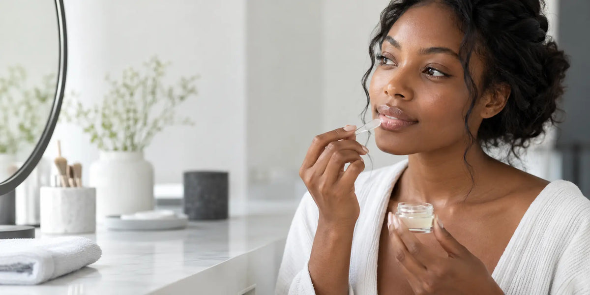 Woman applying a light layer of clear lip mask with a clean spatula