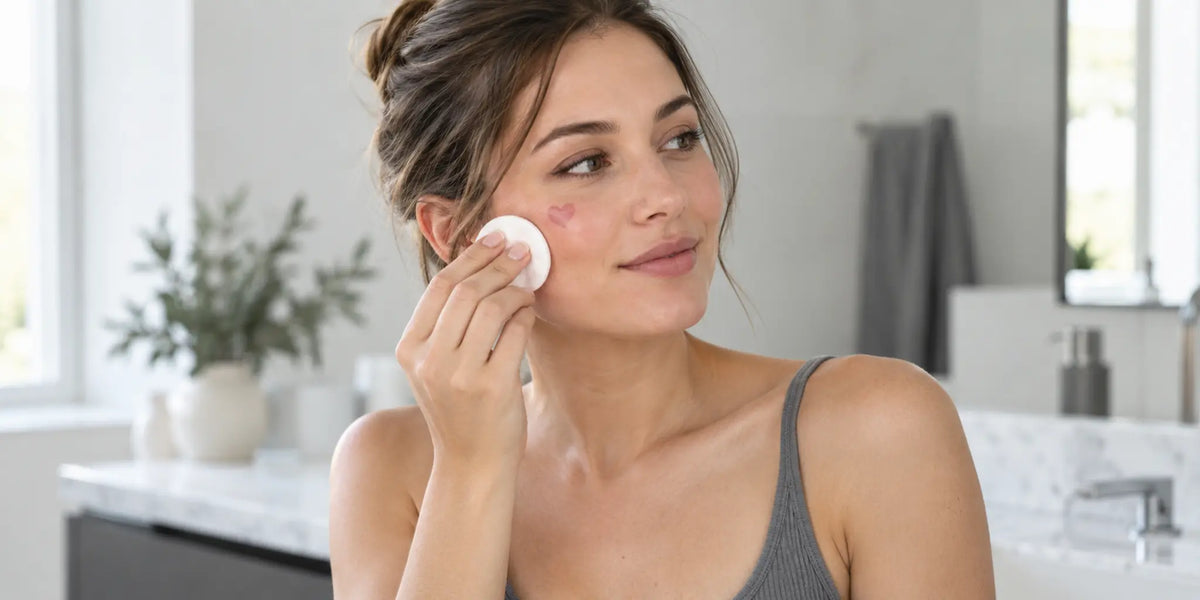 Woman holding a cotton pad beside a small makeup stamp on her cheek