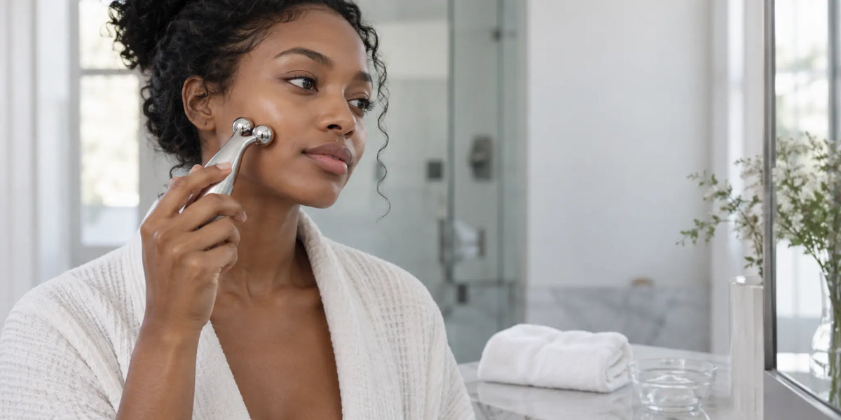 Woman using an unbranded microcurrent device on clean skin