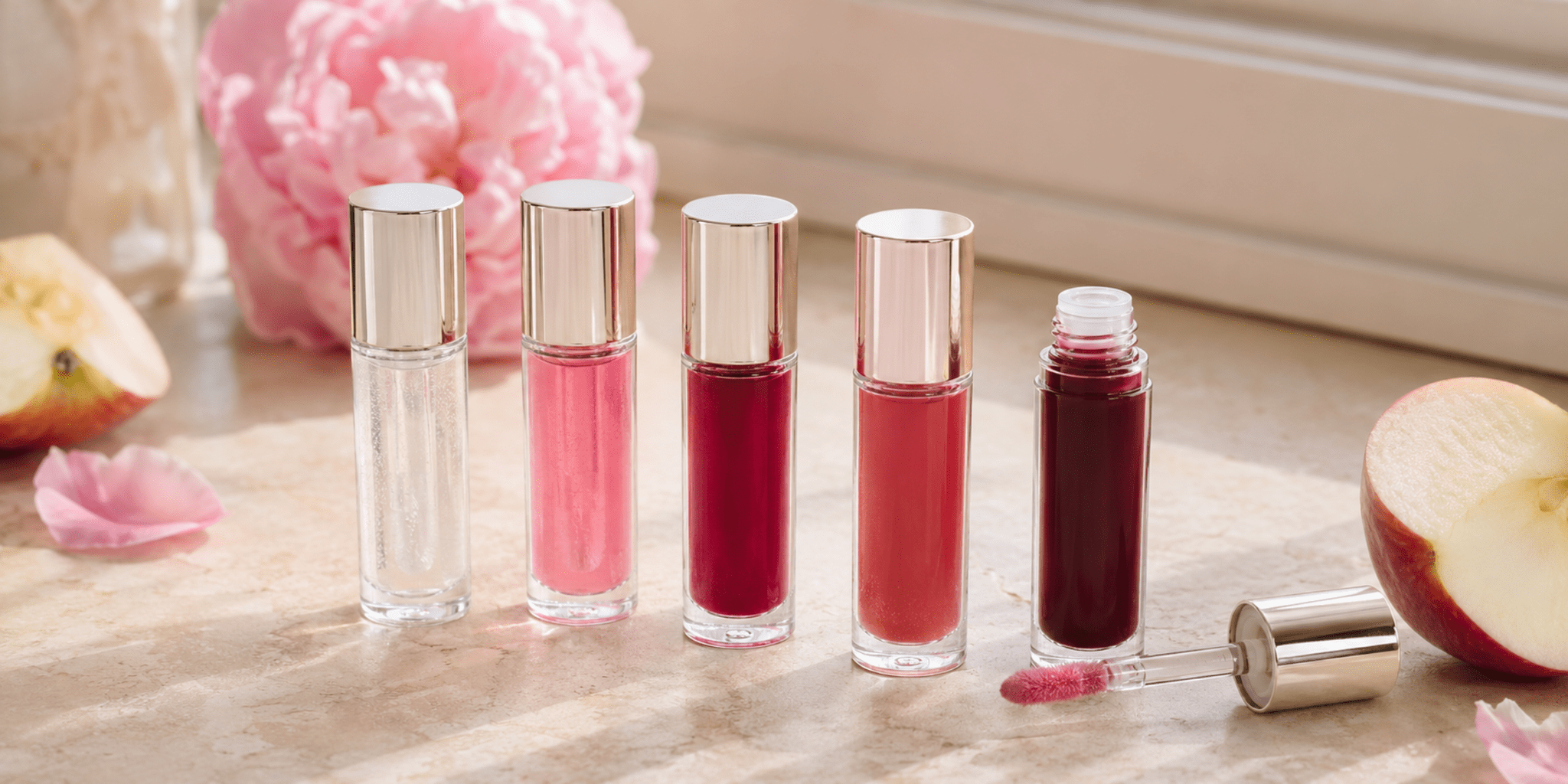 Five lip oil shades arranged on a sunlit vanity for National Lipstick Day