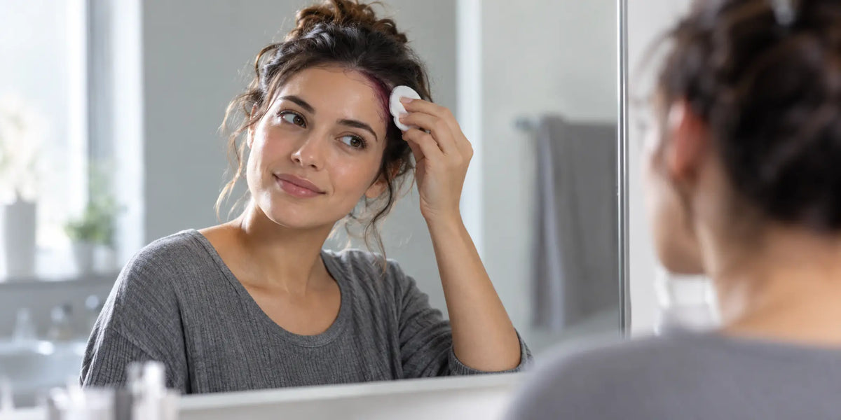 Woman gently wiping temporary hair color from her hairline
