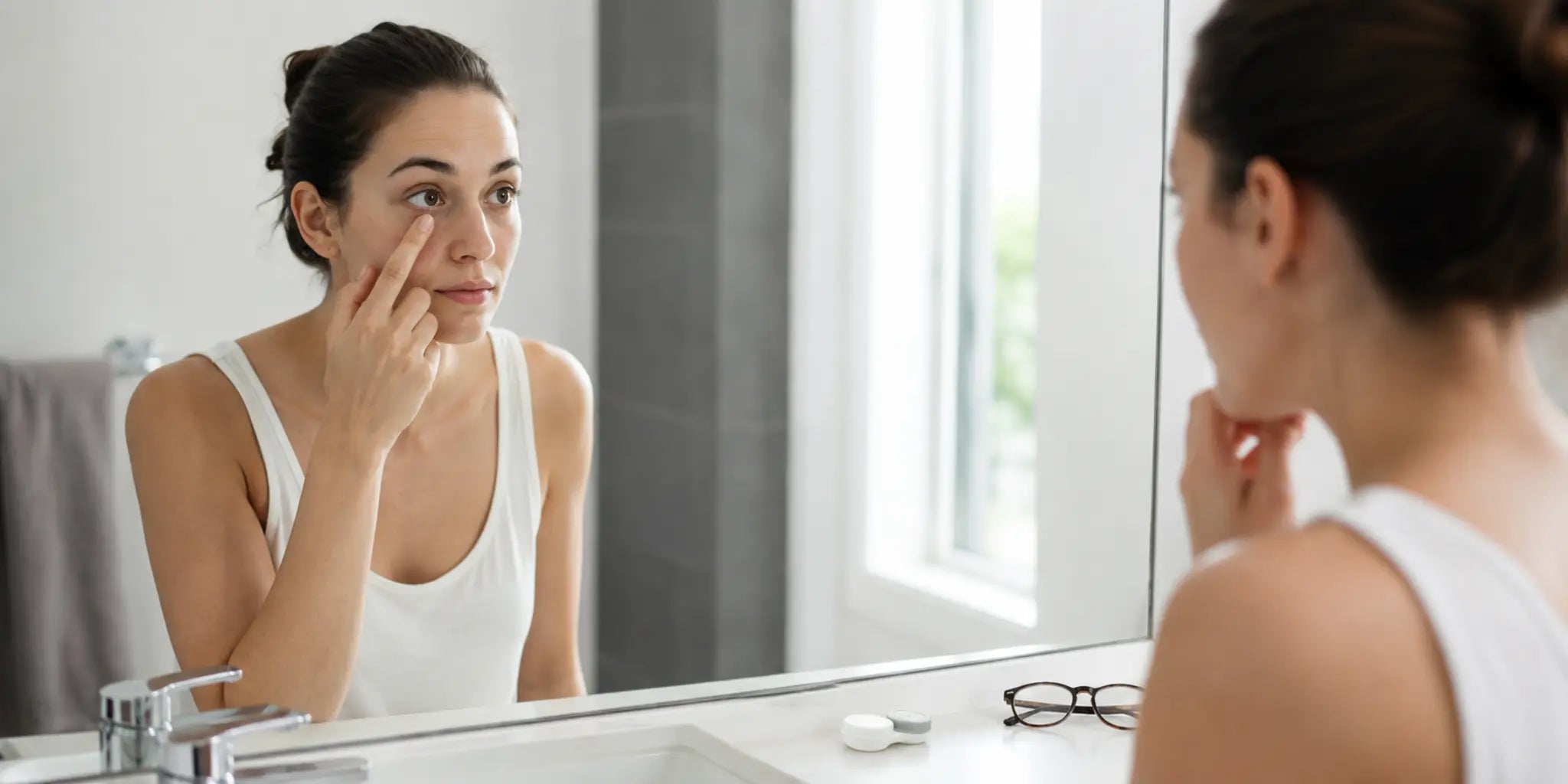 Woman preparing to remove contact lenses before washing her face