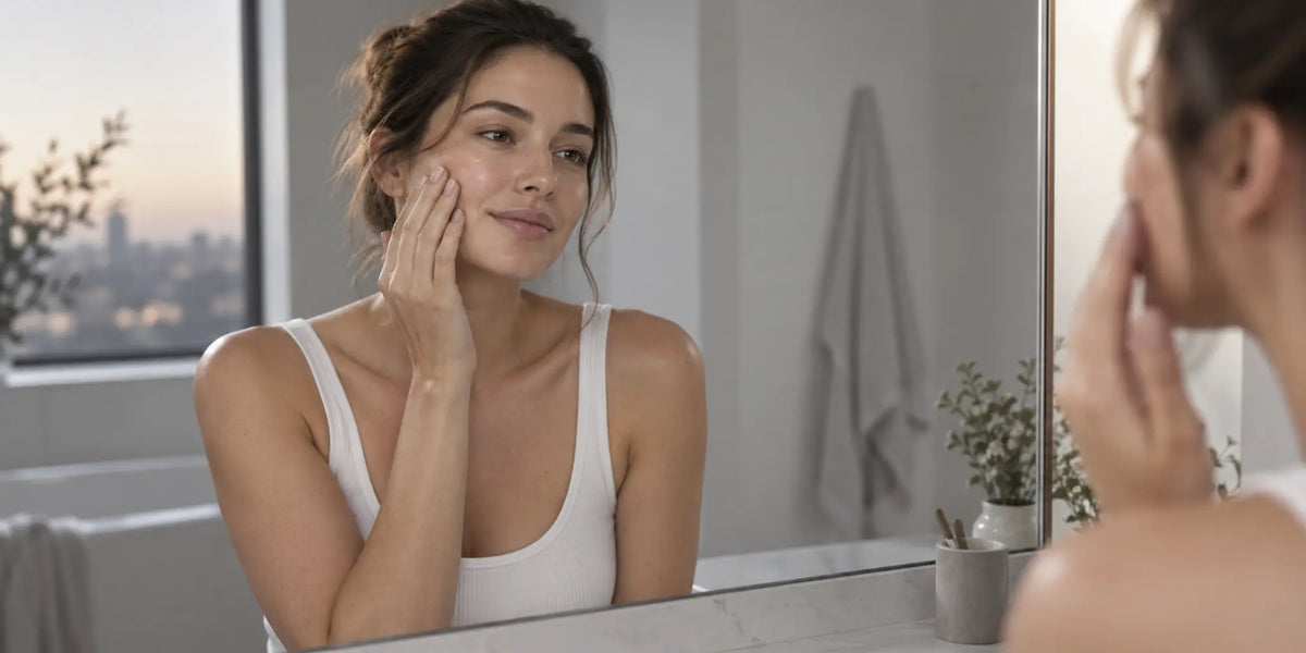 Woman preparing to remove skin tint at a bathroom mirror