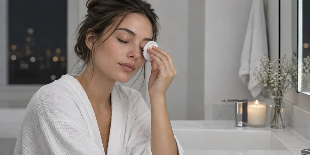 Woman gently holding a soft pad over closed lashes during her nighttime mascara-removal routine