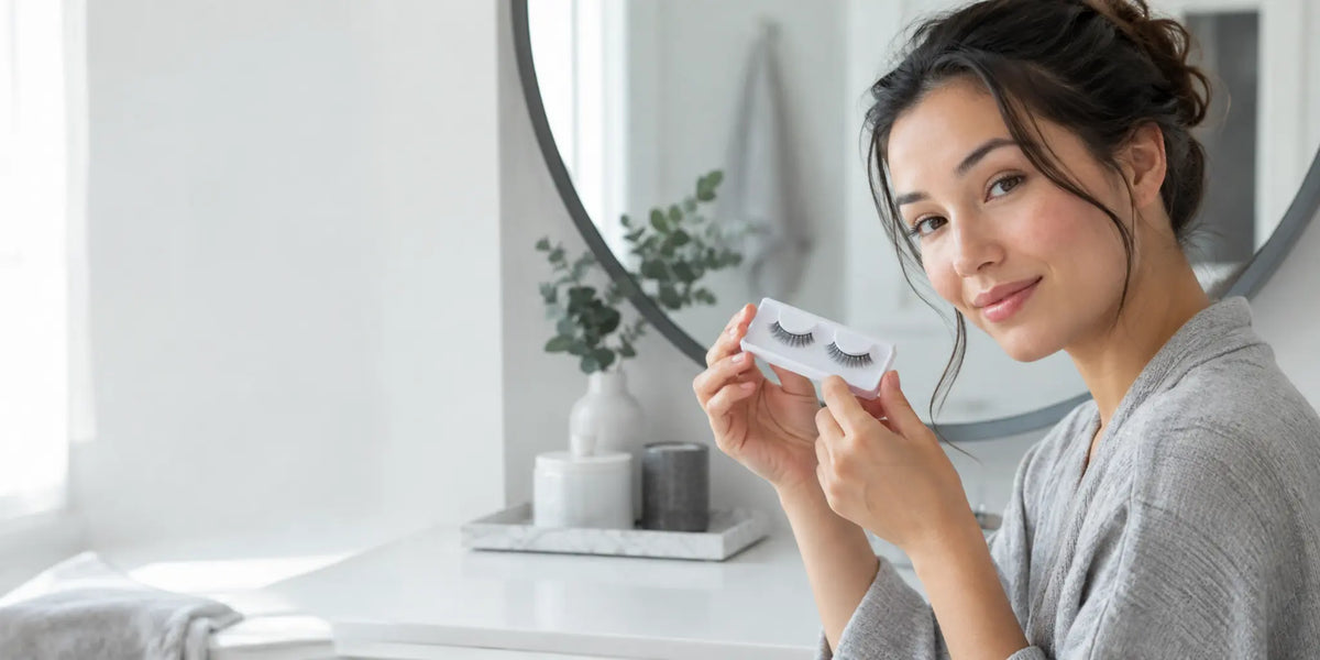 Woman holding false lashes beside a mirror before applying them to clean, dry eyelids