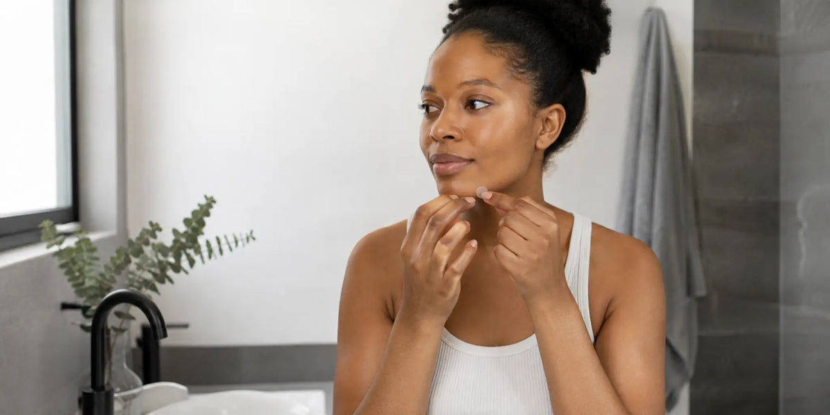 Woman holds a clear pimple patch near her clean, dry chin