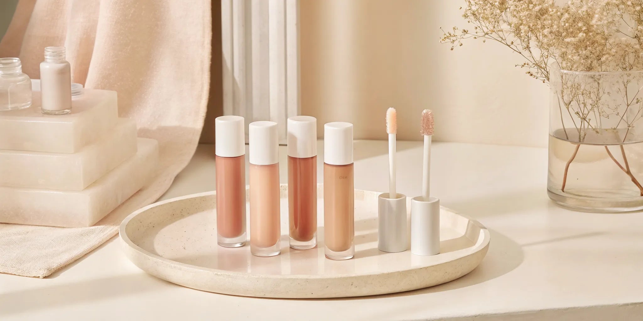 Aesthetic arrangement of Korean skincare and vegan lip oil products for a dewy, glowing glass-skin effect