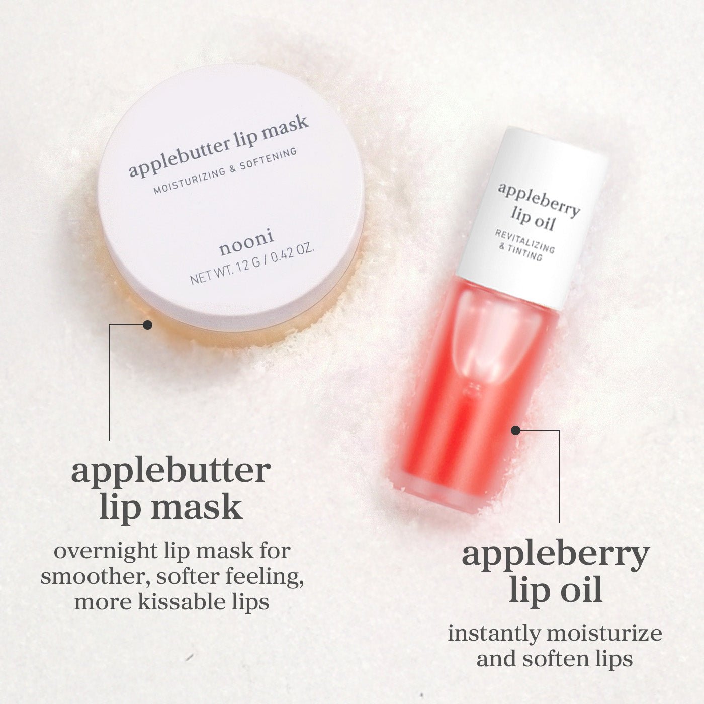 Applebutter lip mask and appleberry lip oil explaining overnight and instant lip moisturization care.