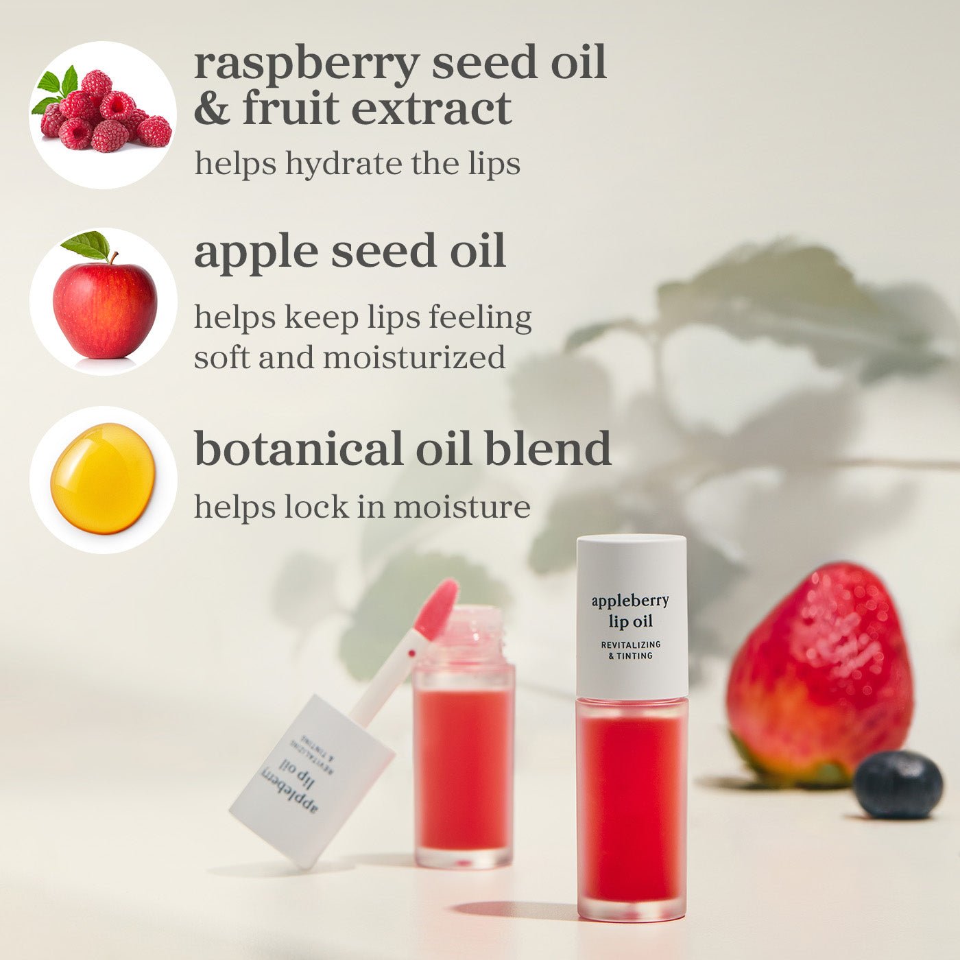 Appleberry lip oil highlighting raspberry seed oil, apple seed oil, and botanical oil blend ingredients.