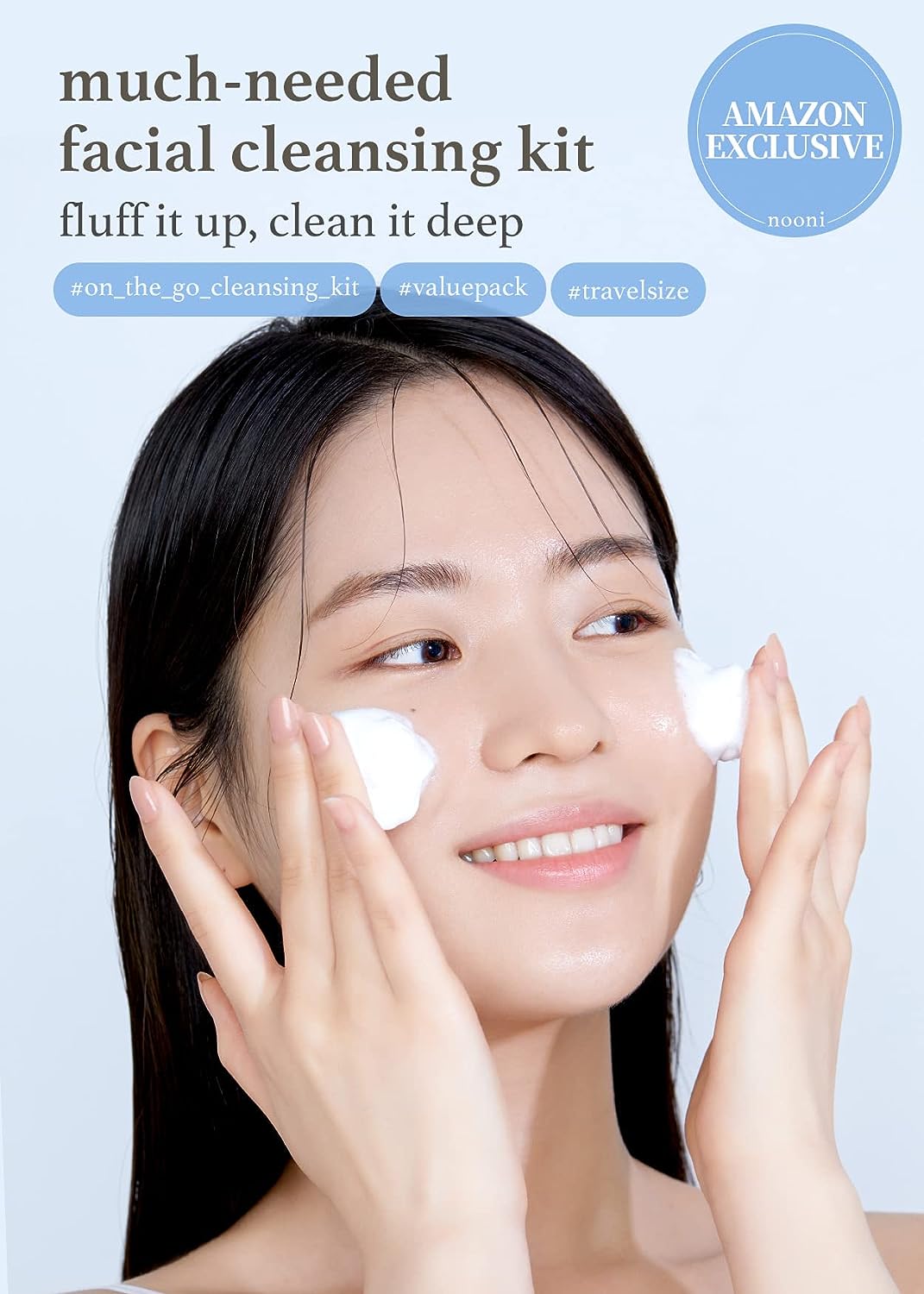 Model washing face with foam from Nooni Cleansing Kit, Amazon Exclusive