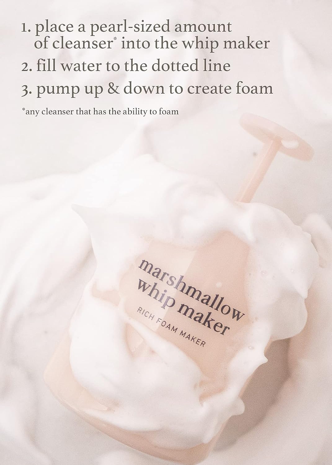 How to use Nooni Whip Maker: place cleanser, fill water, and pump up and down to create foam