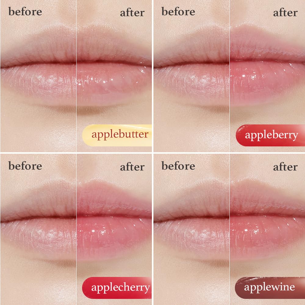 Lip mask shades applebutter, appleberry, applecherry, and applewine showing color before and after application.
