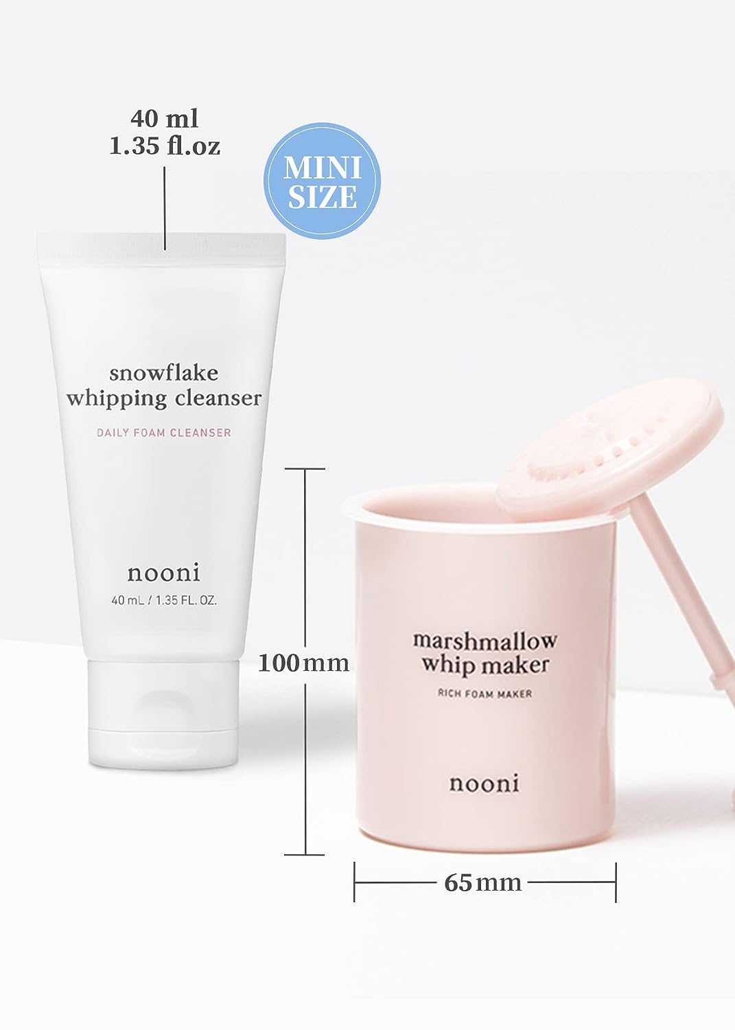 Nooni Cleansing Kit size: Snowflake Cleanser mini size 40ml, Whip Maker 100mm x 65mm