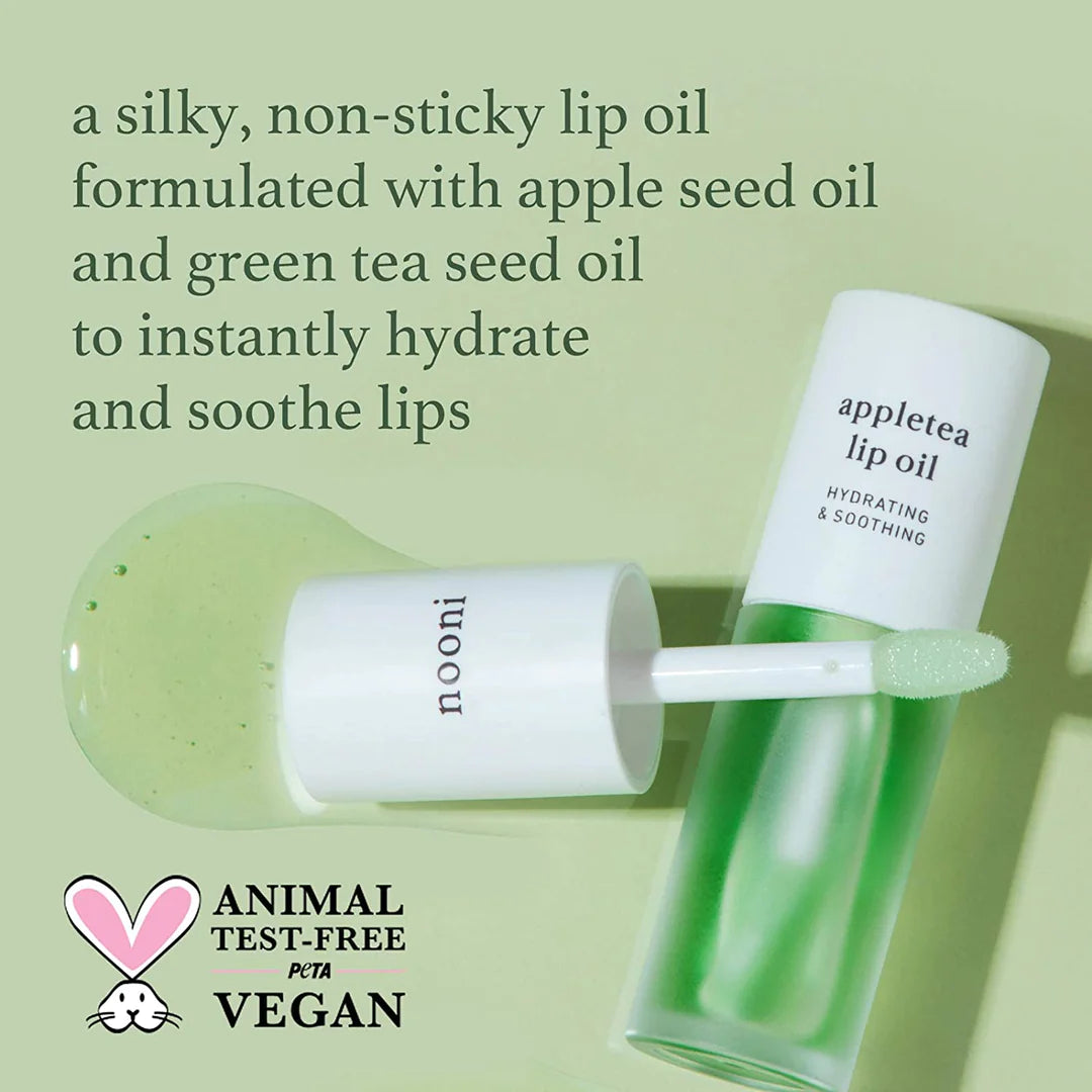 Nooni appletea lip oil formulated with apple and green tea seed oil, with PETA Animal Test-Free Vegan logo