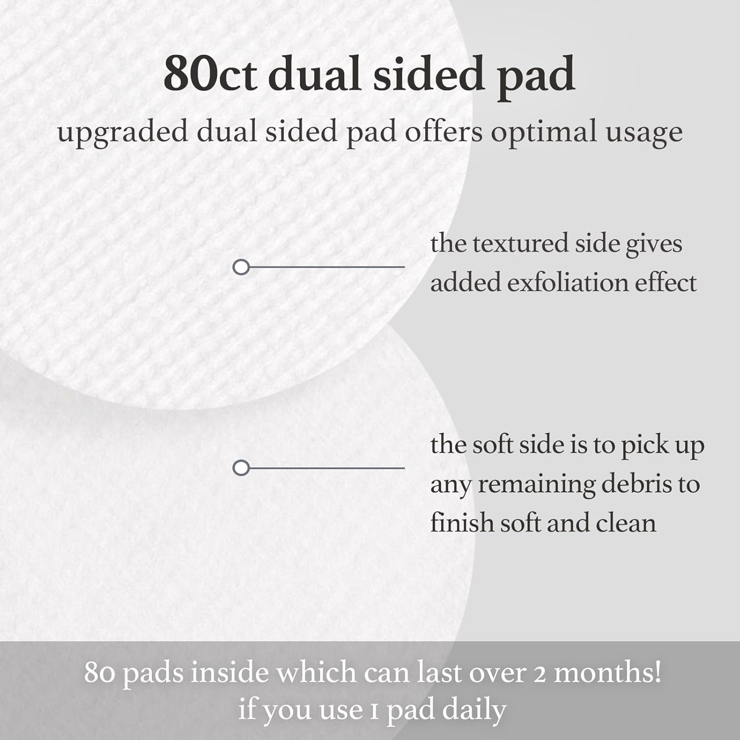 Dual sided pad design showing textured surface for exfoliation and soft side for gentle cleansing and residue removal.
