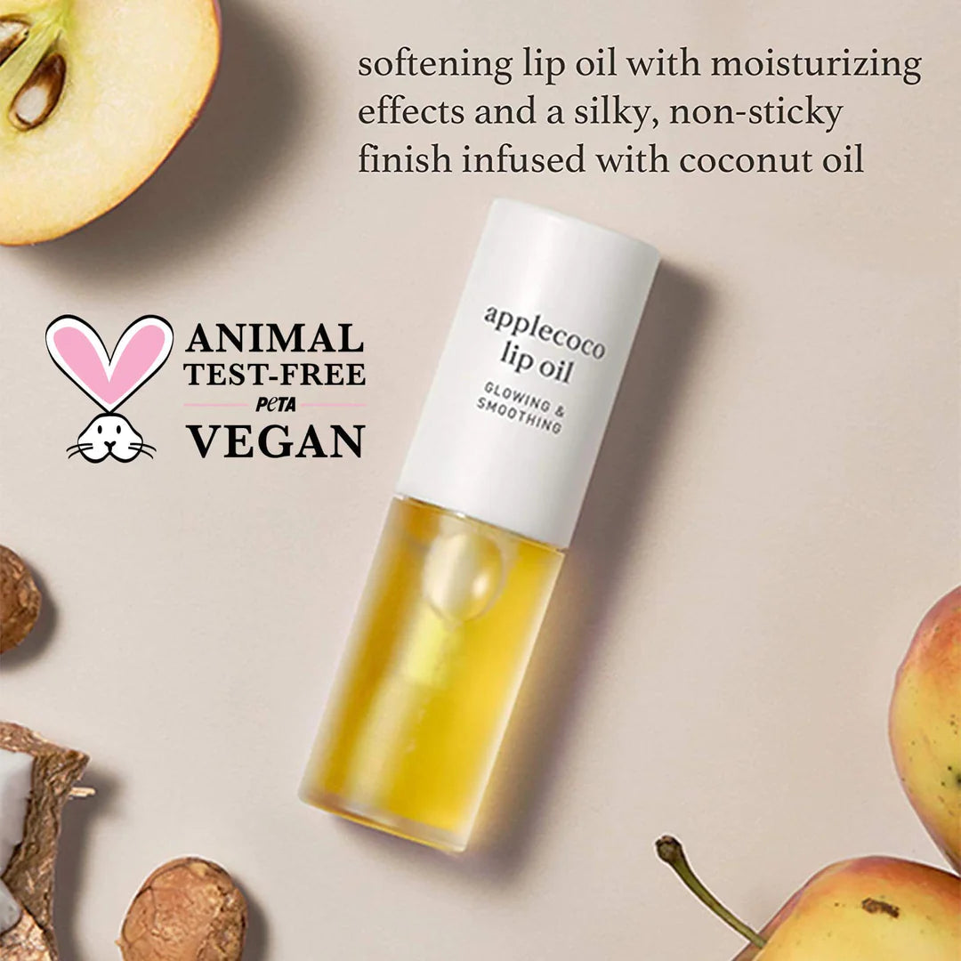 Nooni applecoco lip oil product infused with coconut oil, with PETA Animal Test-Free Vegan logo