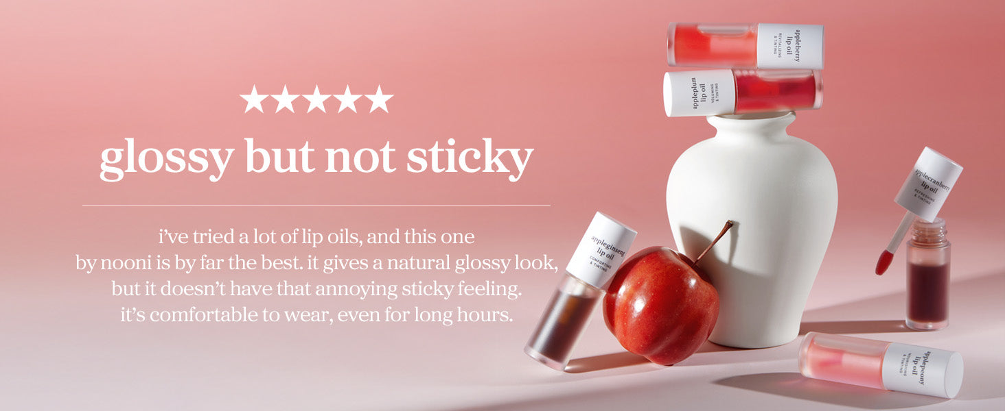 Customer review inspired image featuring multiple nooni lip oil shades, glossy lips, and a comfortable non sticky finish.