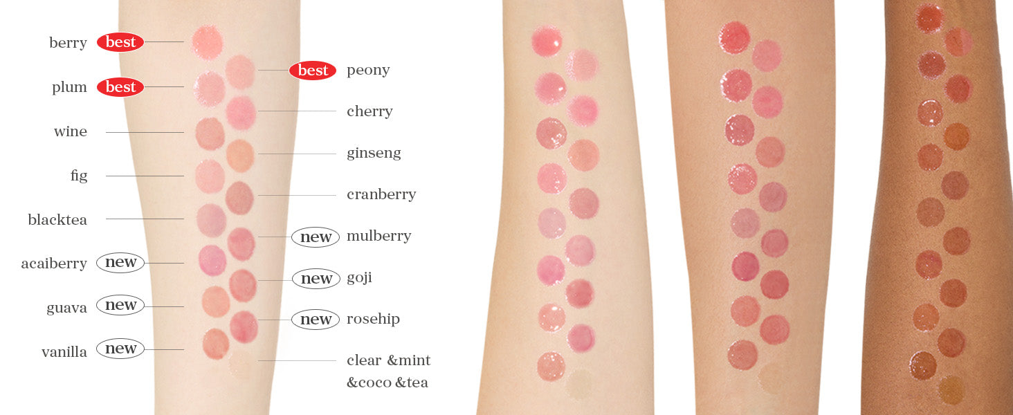 Lip oil swatch chart displaying multiple nooni shades across diverse skin tones to compare color payoff and glossy finishes.