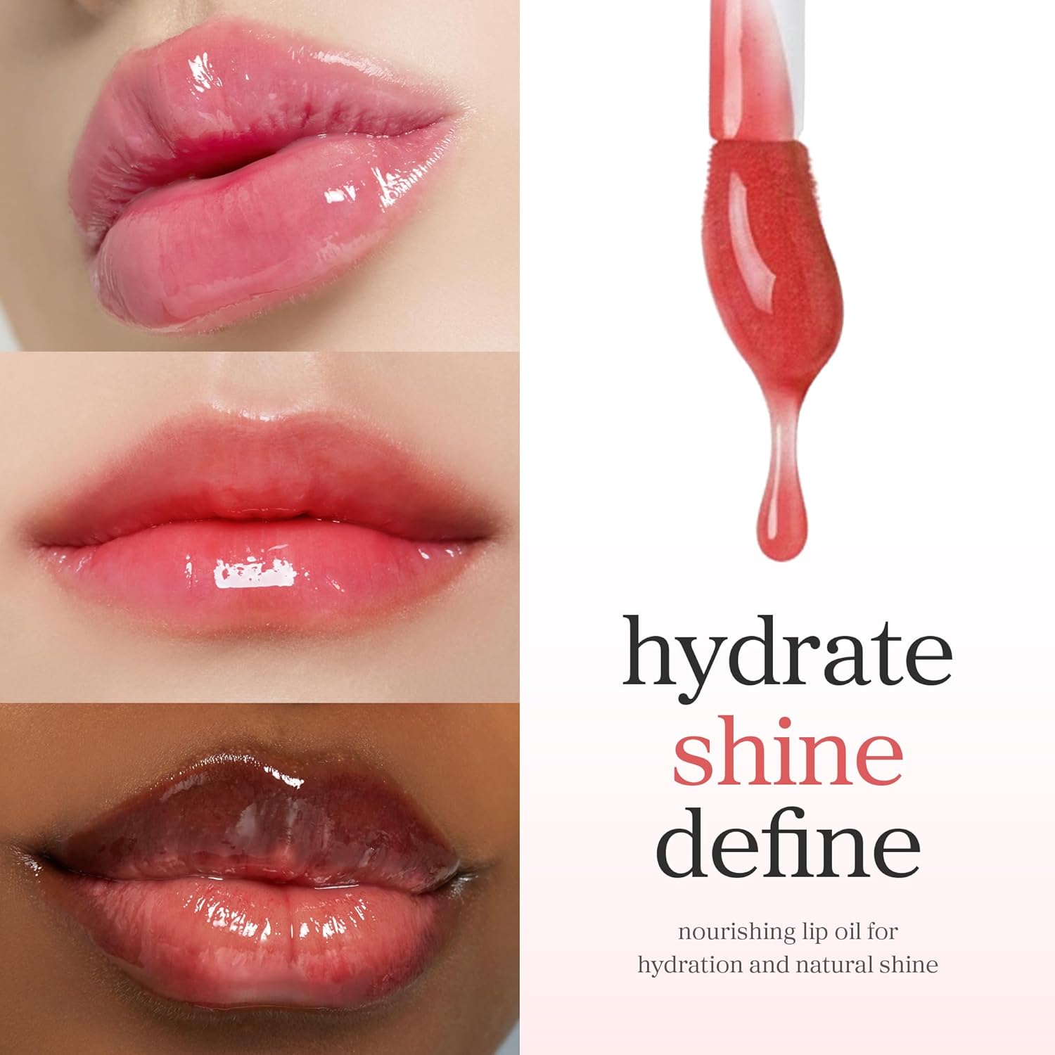 Appleberry lip oil applied on diverse lips showing hydration, shine, and natural glossy finish.