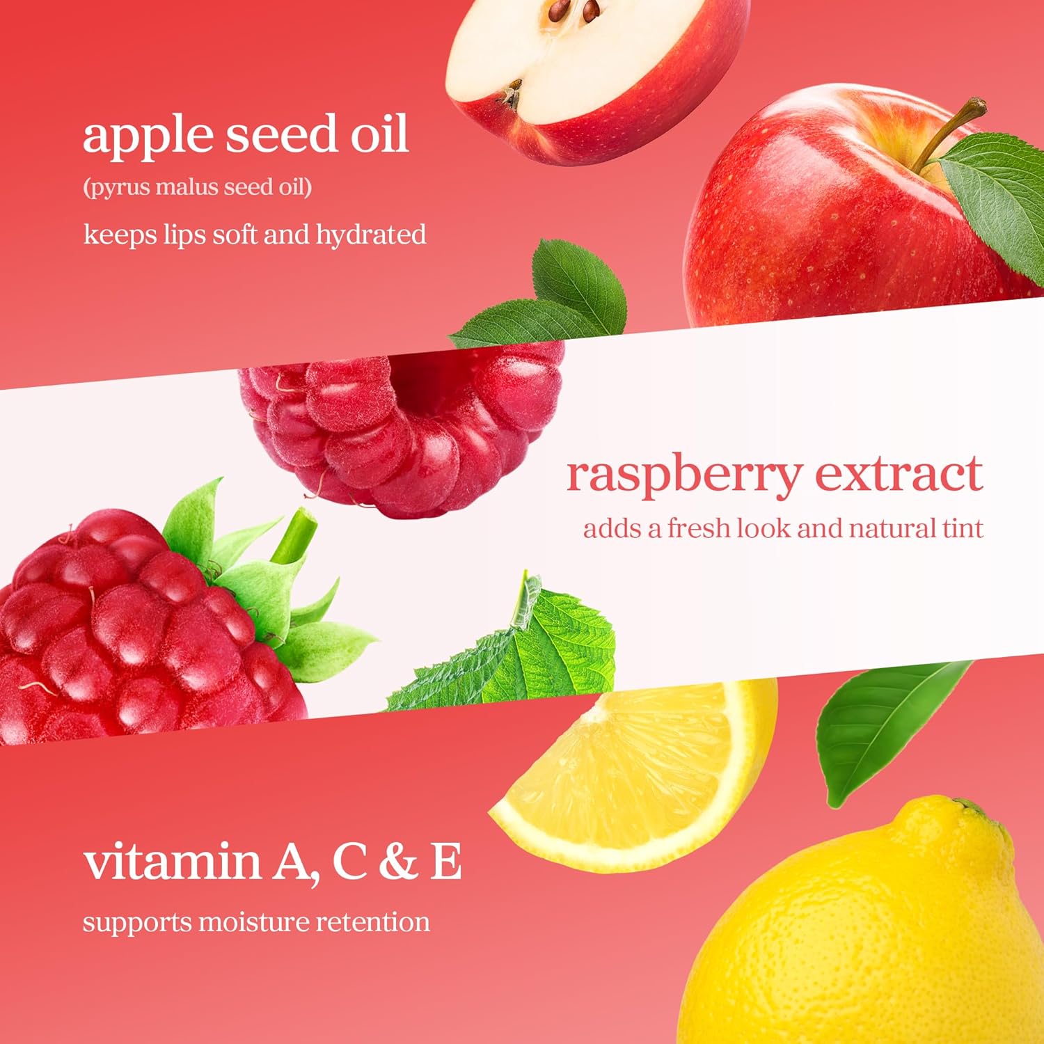 Appleberry lip oil ingredients featuring apple seed oil, raspberry extract, and vitamins A C and E.