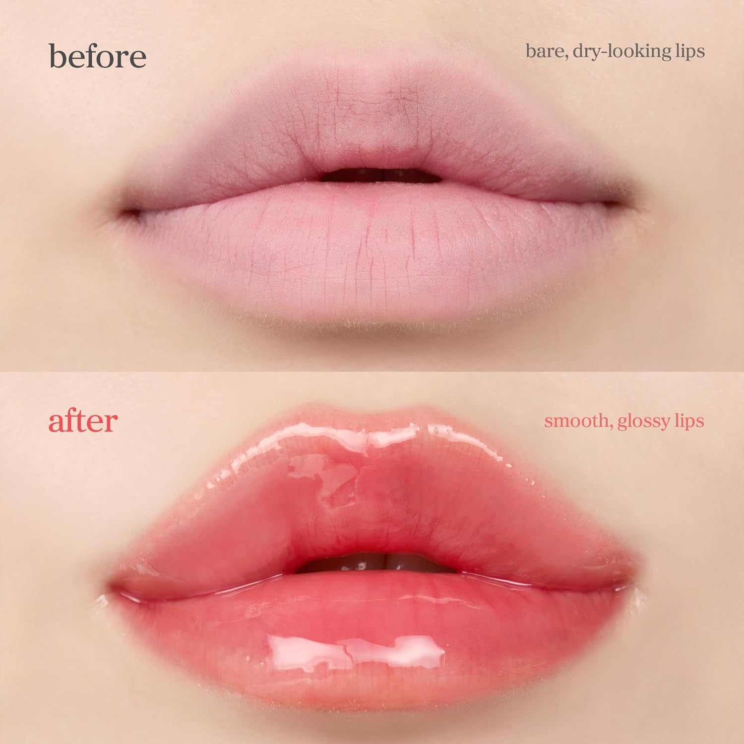 Before and after lips showing glossy hydrated finish after applying appleberry lip oil.