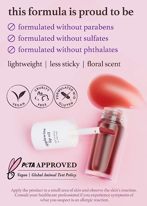 Nooni applewine lip oil formula: free of parabens, sulfates, phthalates, with Vegan, Cruelty-Free, and PETA Approved logos