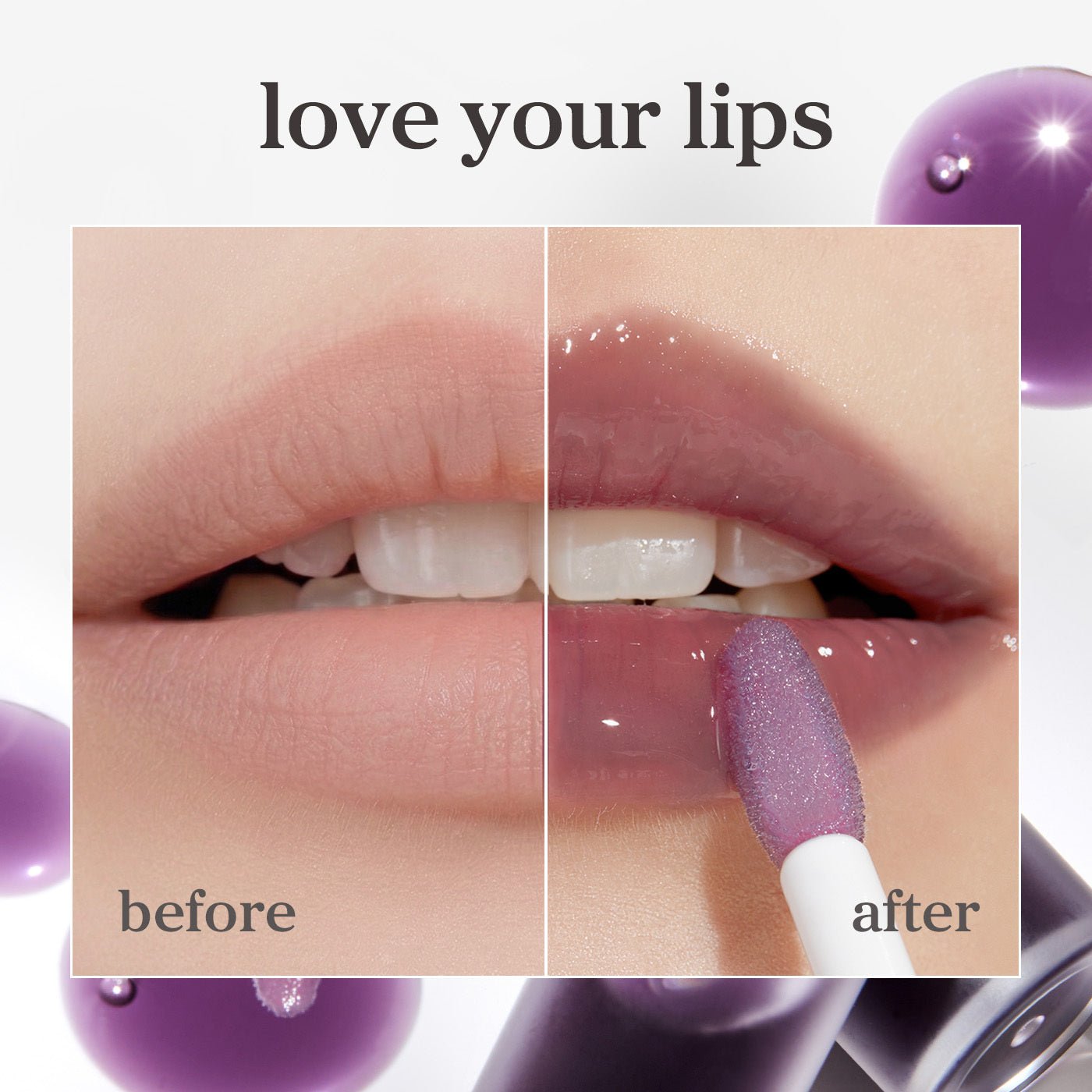 Before and after lips using appleblacktea lip oil showing smoother appearance and enhanced gloss after application.