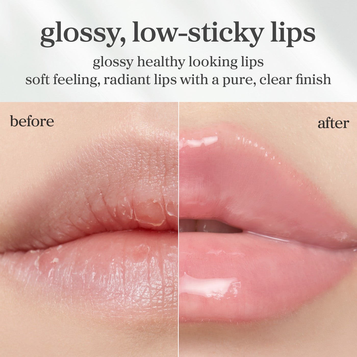 Before and after lips using appleclear lip oil showing smoother appearance and enhanced gloss after application.
