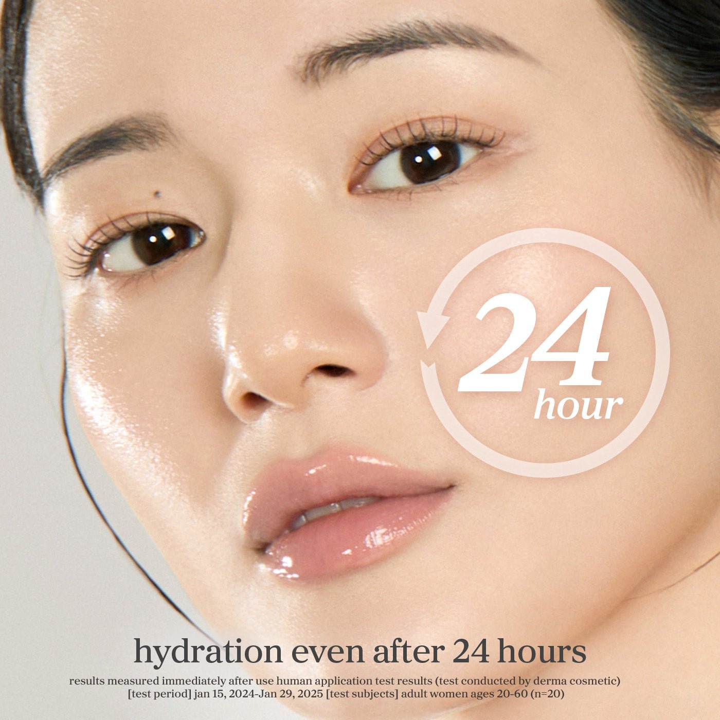 Model wearing Appleclear lip oil highlighting lasting hydration and glossy lips after 24 hours.