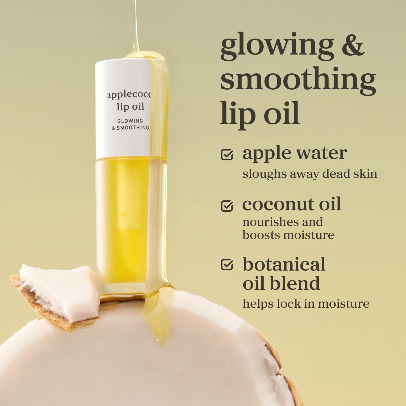 Applecoco lip oil highlighting apple water, coconut oil, and botanical oil blend as key ingredients.
