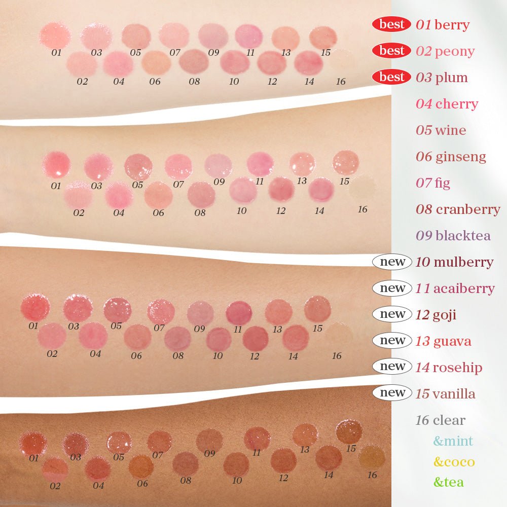 Multiple lip oil shades swatched on diverse skin tone arms right after application showing color variation across shades.