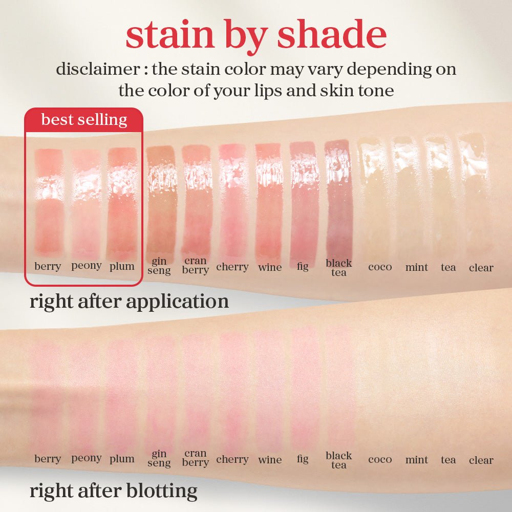 Multiple lip oil shades swatched on fair skin arm showing color change before and after blotting across tint intensities.