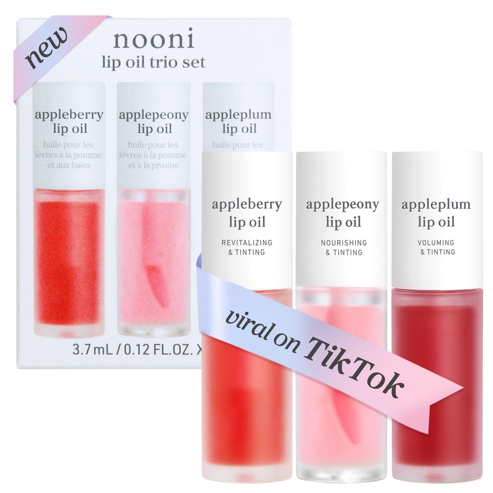 Lip oil set box and products featuring appleberry, applepeony, and appleplum shades.