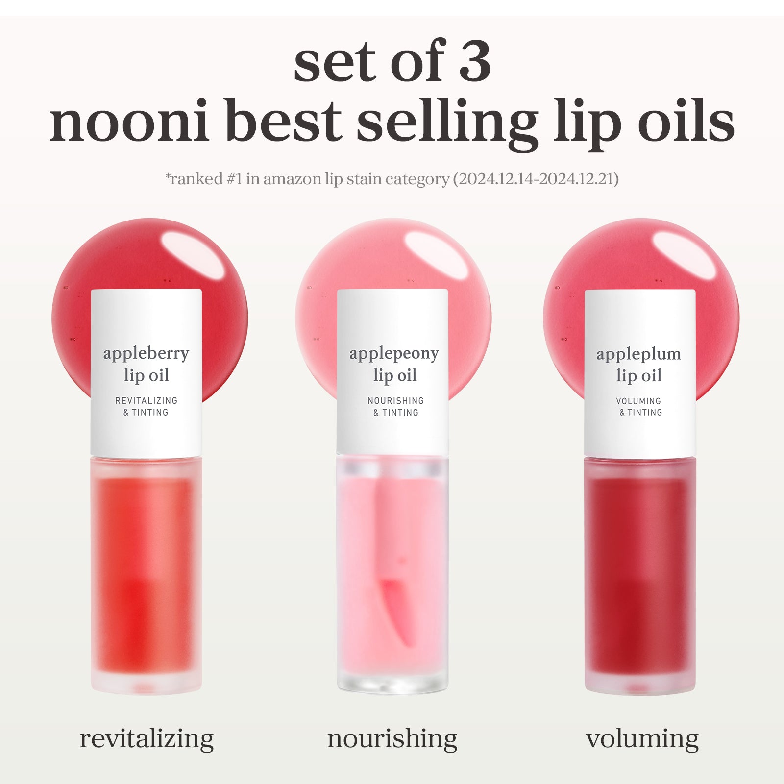 Set of 3 bestselling lip oils featuring appleberry applepeony and appleplum shades.