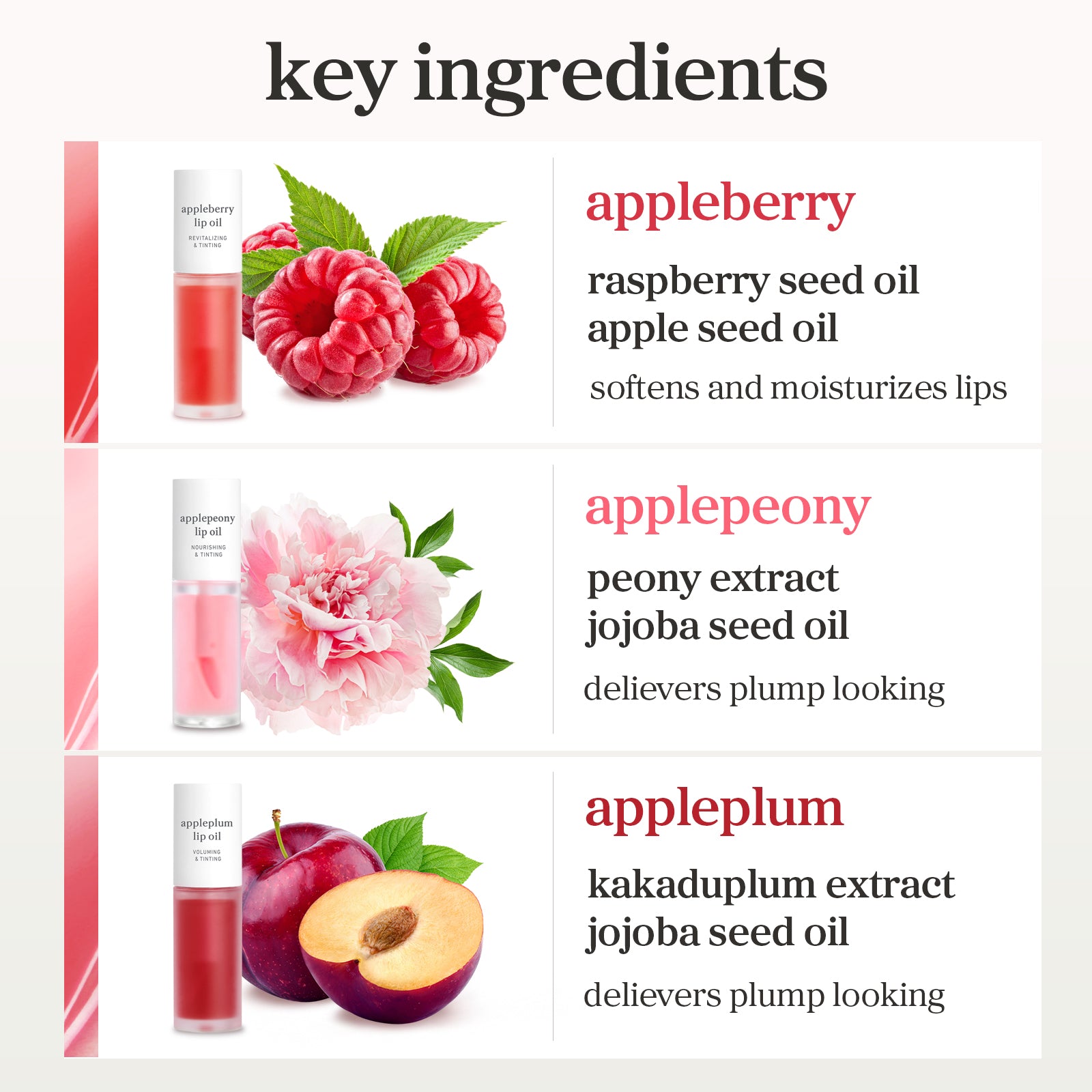 Lip oil ingredient chart featuring raspberry seed oil, peony extract, and kakadu plum extract.