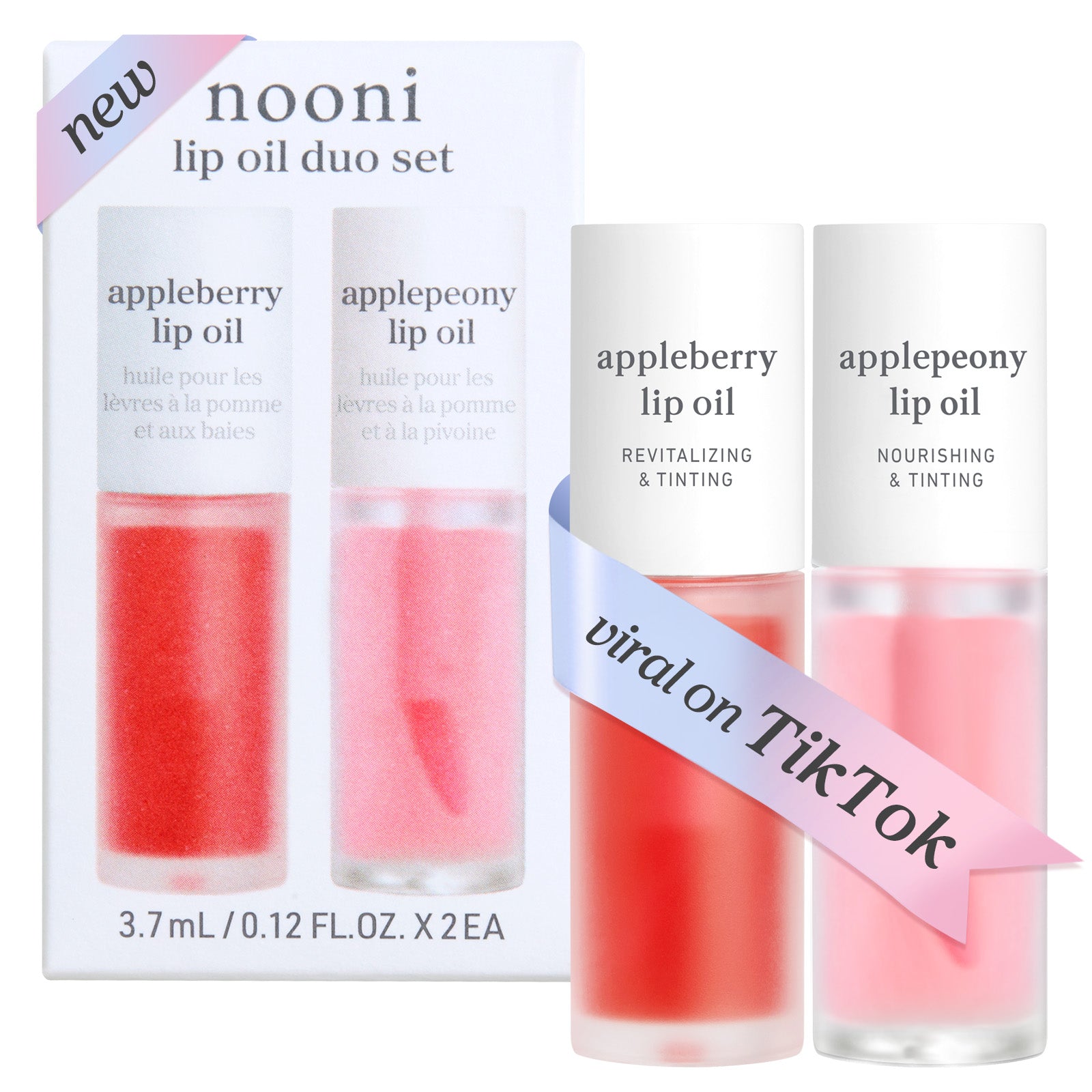 Lip oil set box and products featuring appleberry and applepeony shades.